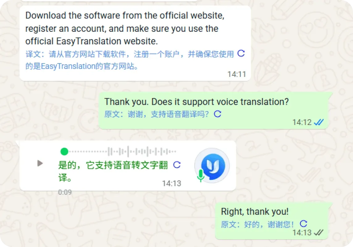 易翻译 WhatsApp 与 Telegram 多平台聊天双向翻译界面